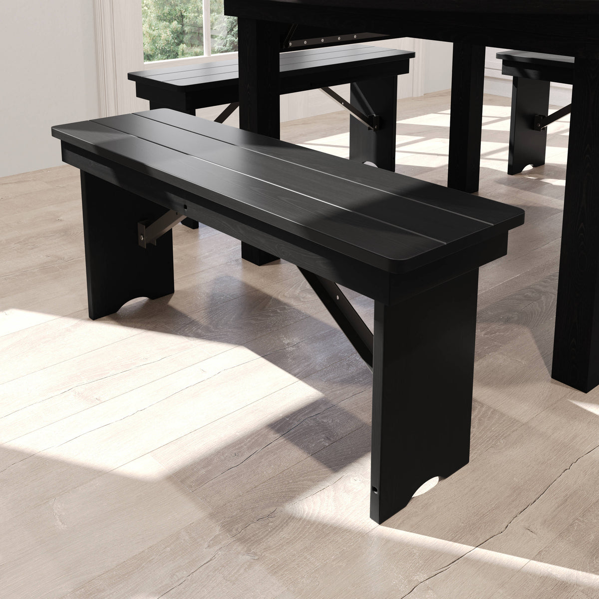 Flash Furniture XA-B-40X12-BW-GG 40" x 12" Antique Solid Pine Farmhouse Folding Bench in Black Wash - View 6