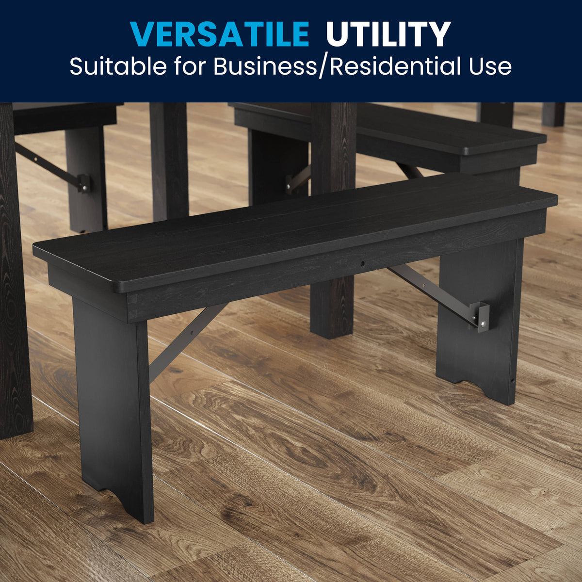 Flash Furniture XA-B-40X12-BW-GG 40" x 12" Antique Solid Pine Farmhouse Folding Bench in Black Wash - View 8
