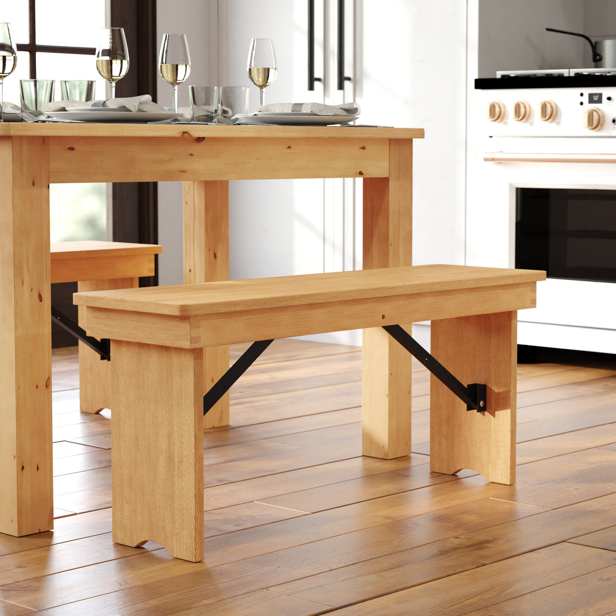 Flash Furniture XA-B-40X12-LN-GG 40" x 12" Light Natural Solid Pine Folding Farm Bench - View 2