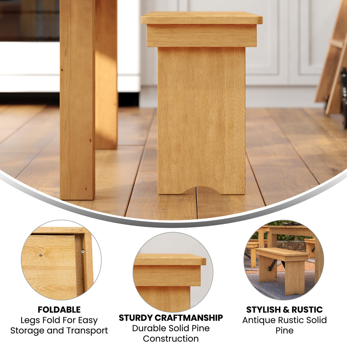Flash Furniture XA-B-40X12-LN-GG 40" x 12" Light Natural Solid Pine Folding Farm Bench - View 3
