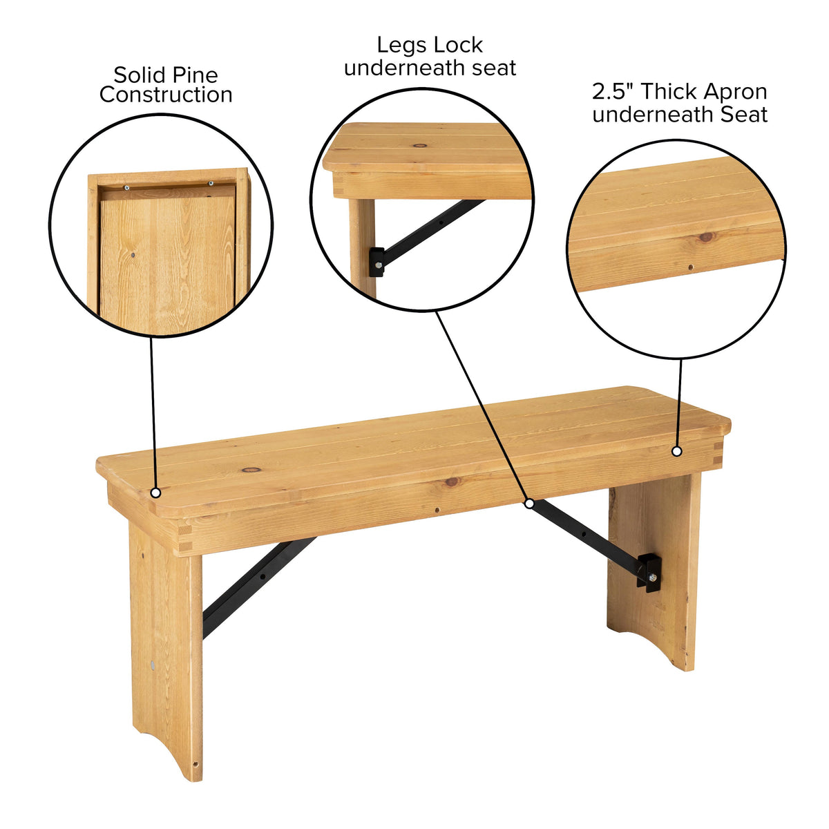 Flash Furniture XA-B-40X12-LN-GG 40" x 12" Light Natural Solid Pine Folding Farm Bench - View 4