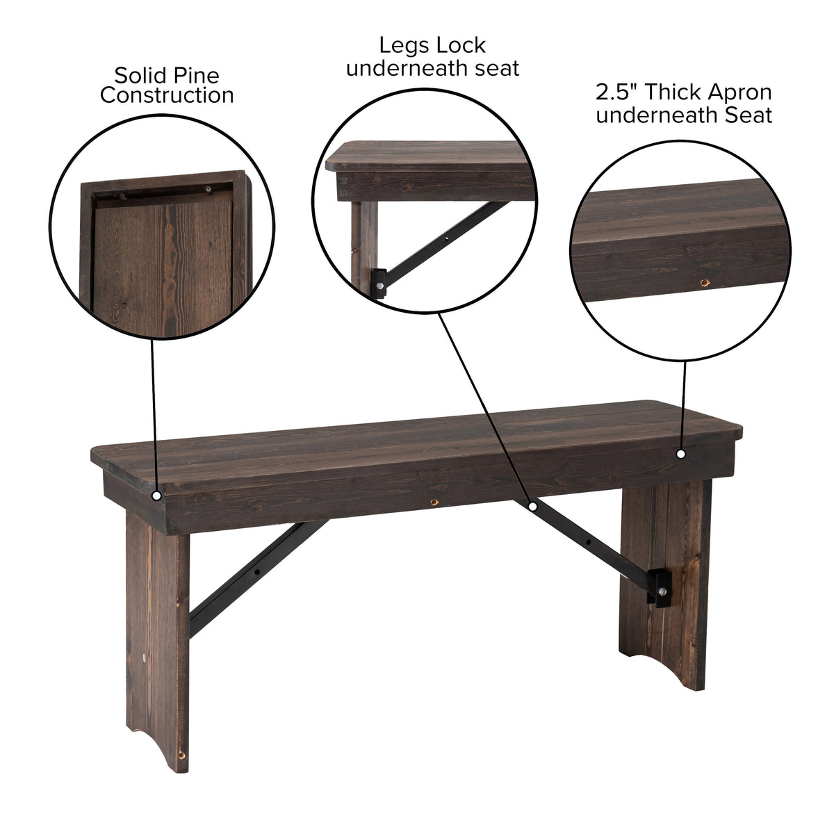 Flash Furniture XA-B-40X12-MG-GG 40" x 12" Mahogany Solid Pine Folding Farm Bench - View 4