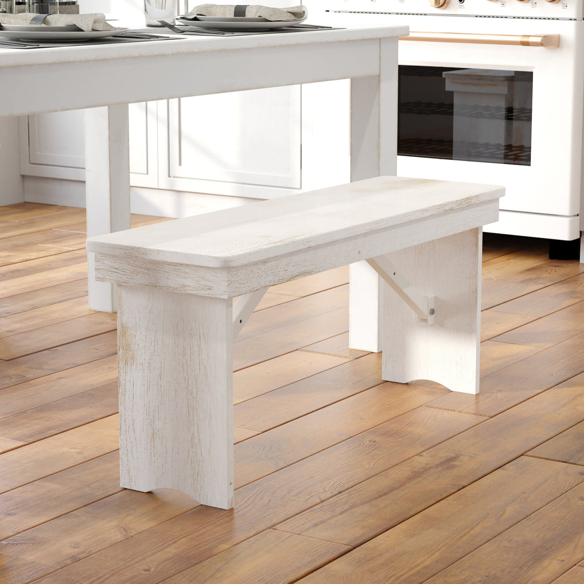 Flash Furniture XA-B-40X12-WH-GG 40" x 12" Antique Rustic White Solid Pine Folding Farm Bench - Portable Bench - View 2