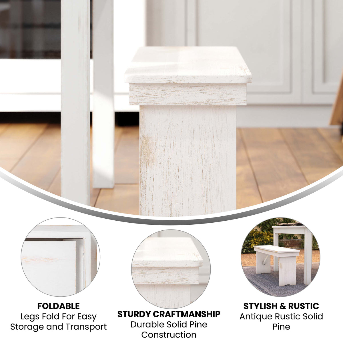 Flash Furniture XA-B-40X12-WH-GG 40" x 12" Antique Rustic White Solid Pine Folding Farm Bench - Portable Bench - View 3