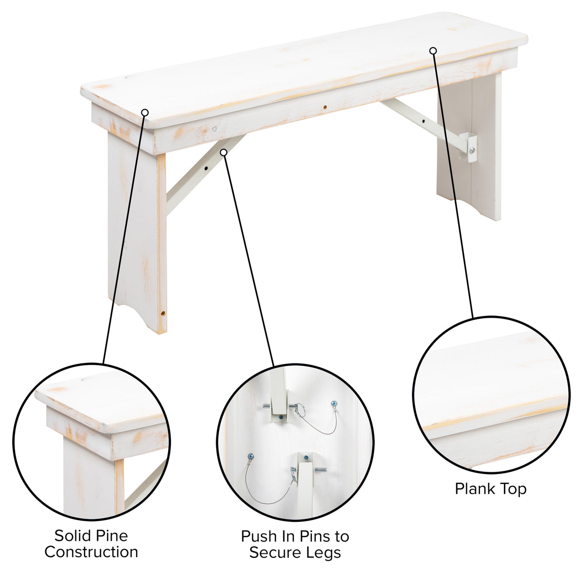 Flash Furniture XA-B-40X12-WH-GG 40" x 12" Antique Rustic White Solid Pine Folding Farm Bench - Portable Bench - View 4