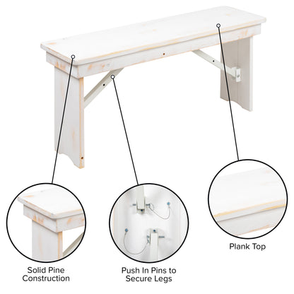Flash Furniture XA-B-40X12-WH-GG 40" x 12" Antique Rustic White Solid Pine Folding Farm Bench - Portable Bench - View 4