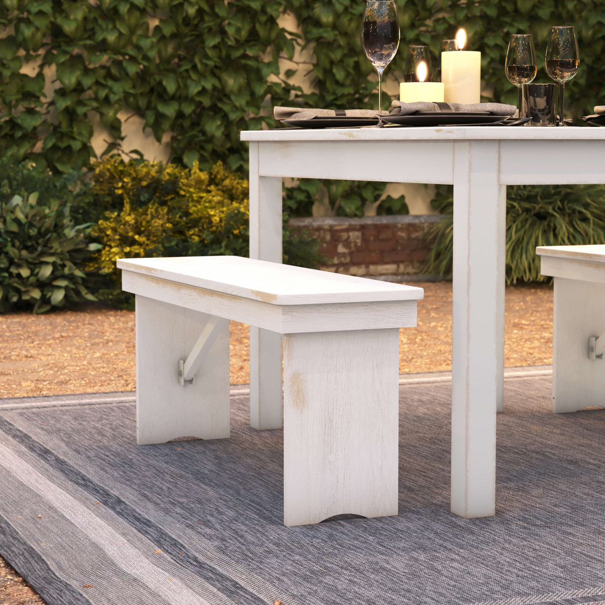 Flash Furniture XA-B-40X12-WH-GG 40" x 12" Antique Rustic White Solid Pine Folding Farm Bench - Portable Bench - View 6