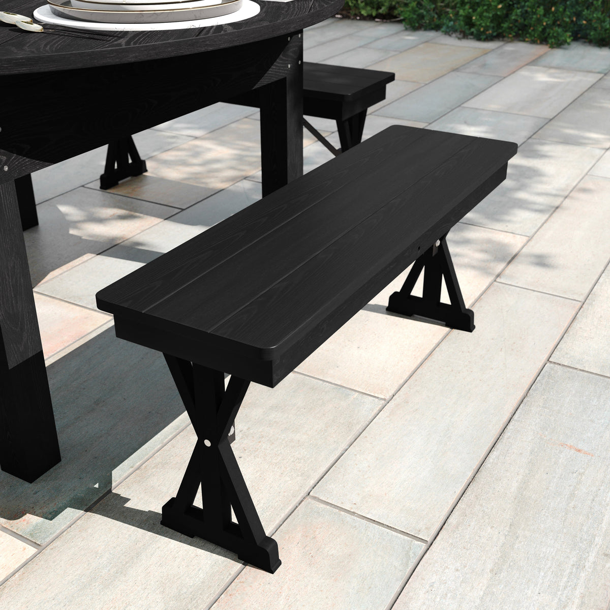 Flash Furniture XA-B-40X12-XLEGS-BW-GG 40" x 12" Antique Solid Pine Farmhouse Folding Bench in Black Wash - View 2