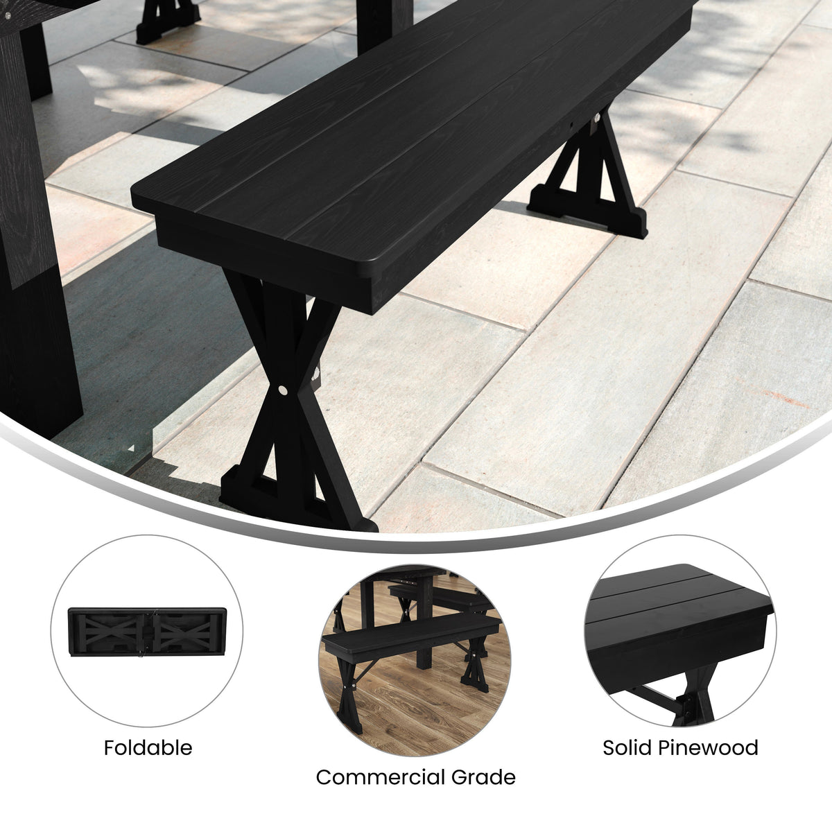 Flash Furniture XA-B-40X12-XLEGS-BW-GG 40" x 12" Antique Solid Pine Farmhouse Folding Bench in Black Wash - View 3