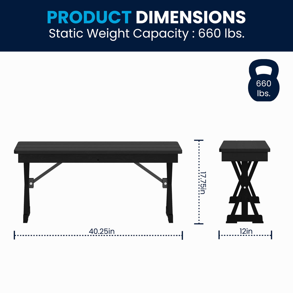 Flash Furniture XA-B-40X12-XLEGS-BW-GG 40" x 12" Antique Solid Pine Farmhouse Folding Bench in Black Wash - View 5