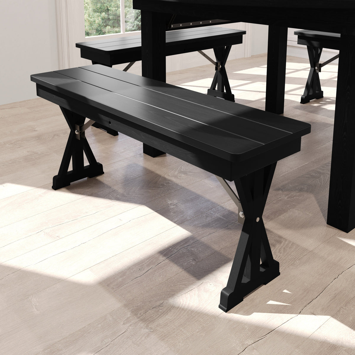 Flash Furniture XA-B-40X12-XLEGS-BW-GG 40" x 12" Antique Solid Pine Farmhouse Folding Bench in Black Wash - View 6