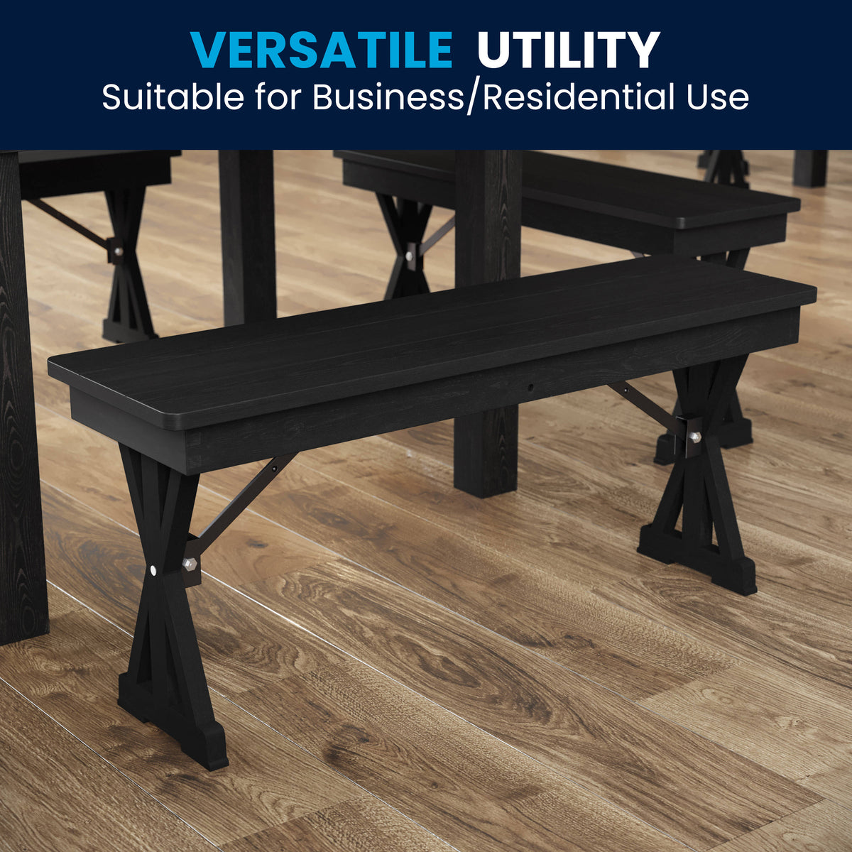 Flash Furniture XA-B-40X12-XLEGS-BW-GG 40" x 12" Antique Solid Pine Farmhouse Folding Bench in Black Wash - View 8