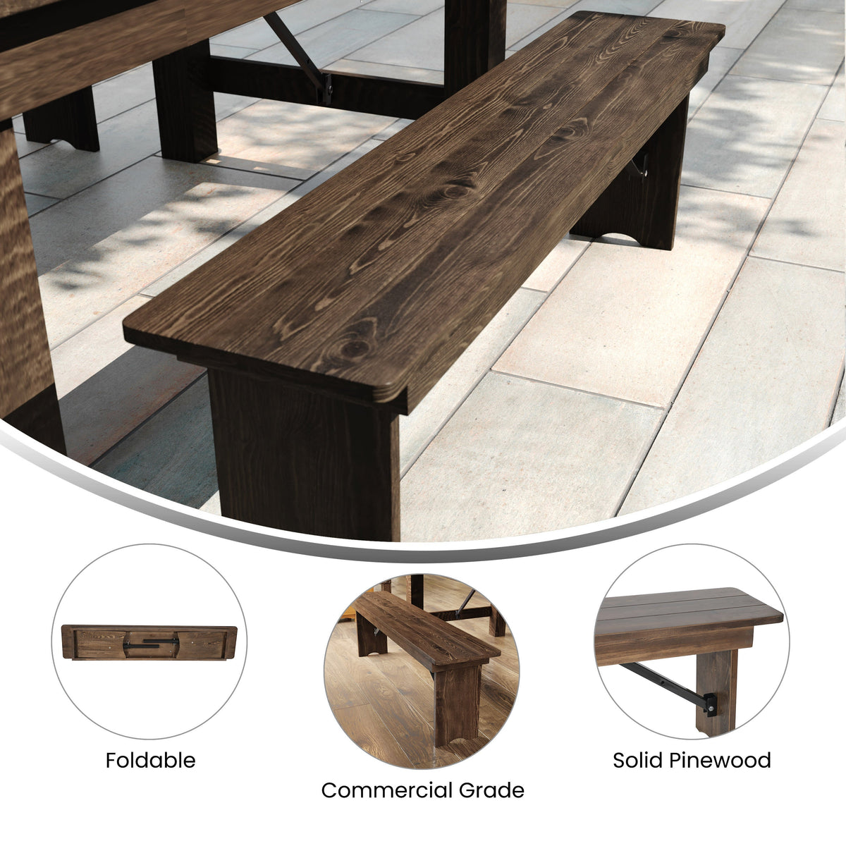 Flash Furniture XA-B-60X12-GG 60" x 12" Antique Solid Pine Farmhouse Folding Bench in Antique Rustic - View 3