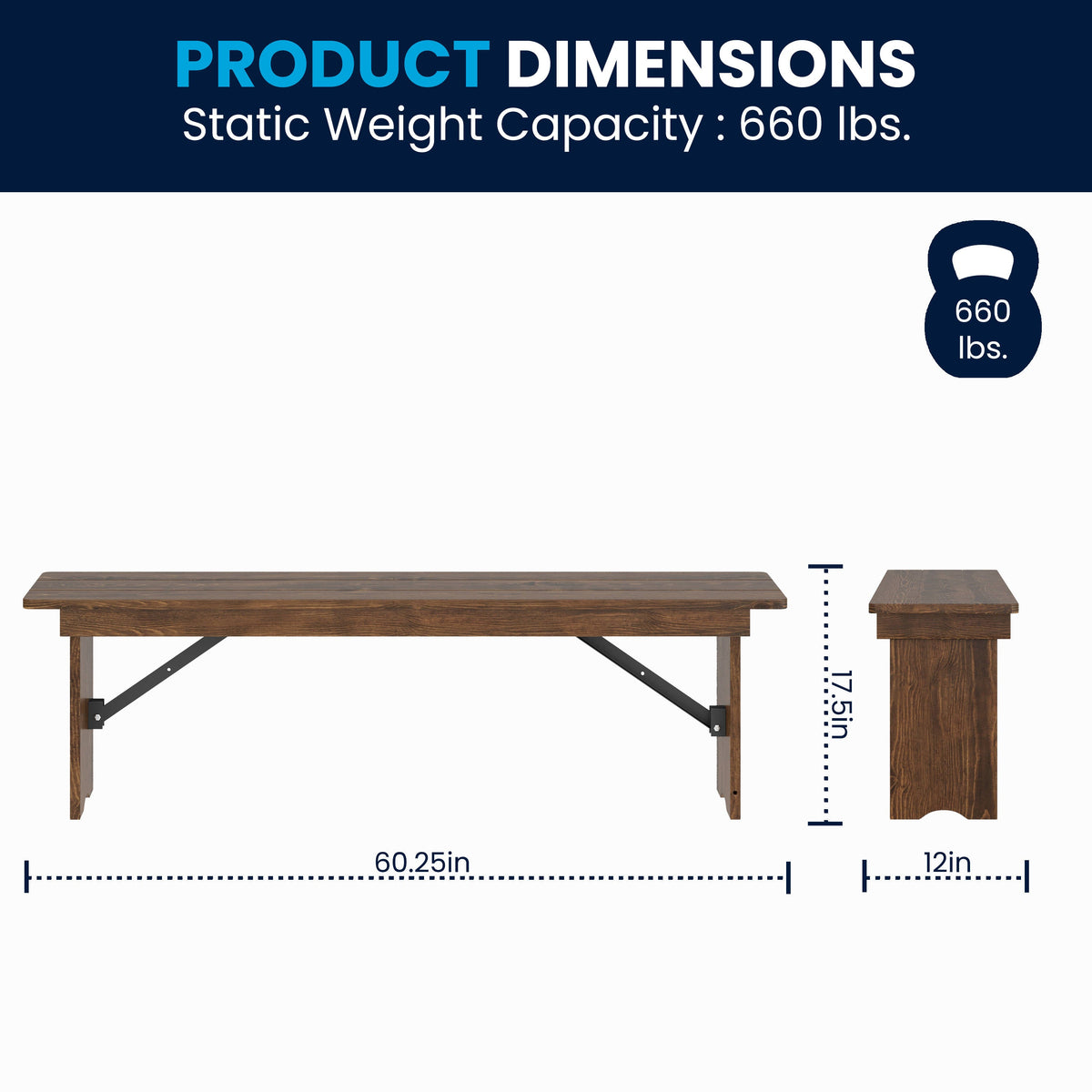 Flash Furniture XA-B-60X12-GG 60" x 12" Antique Solid Pine Farmhouse Folding Bench in Antique Rustic - View 5