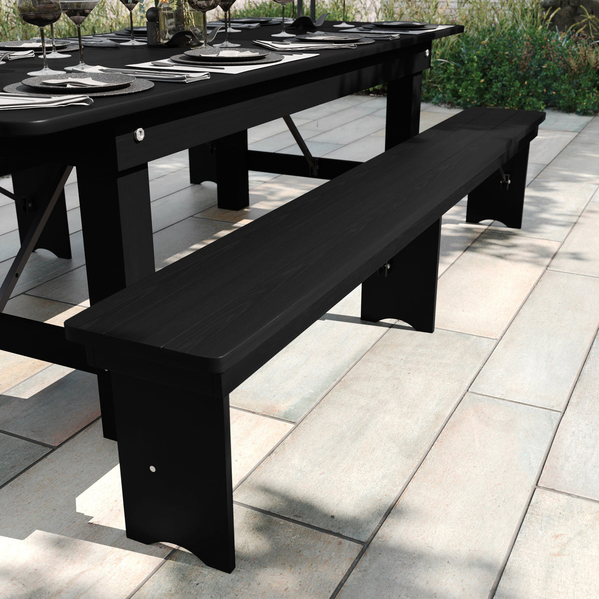 Flash Furniture XA-B-96X12-L-BW-GG 8' x 12" Antique Solid Pine Farmhouse Folding Bench in Black Wash - View 2
