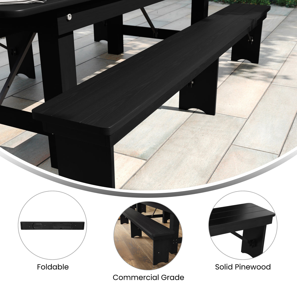 Flash Furniture XA-B-96X12-L-BW-GG 8' x 12" Antique Solid Pine Farmhouse Folding Bench in Black Wash - View 3