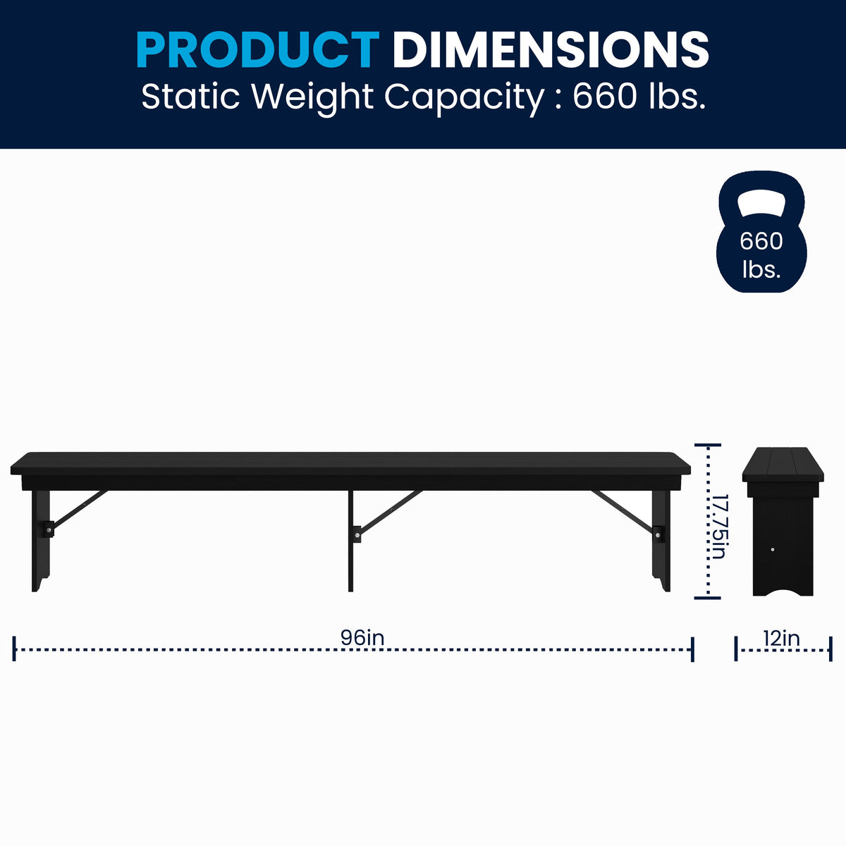 Flash Furniture XA-B-96X12-L-BW-GG 8' x 12" Antique Solid Pine Farmhouse Folding Bench in Black Wash - View 5