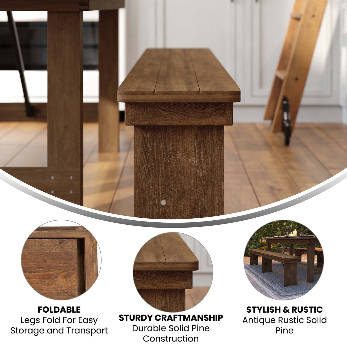 Flash Furniture XA-B-96X12-L-GG 8' x 12" Antique Rustic Solid Pine Folding Farm Bench with 3 Legs - View 3