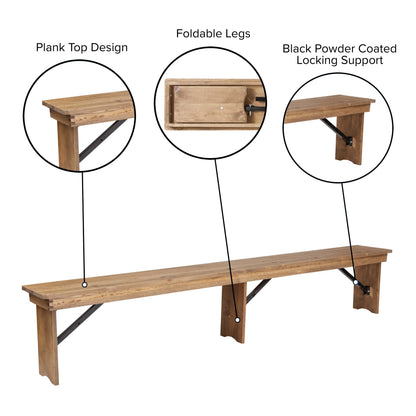 Flash Furniture XA-B-96X12-L-GG 8' x 12" Antique Rustic Solid Pine Folding Farm Bench with 3 Legs - View 4