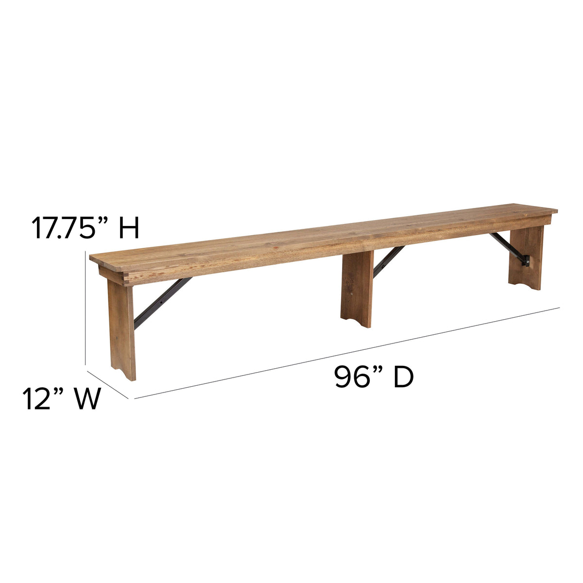 Flash Furniture XA-B-96X12-L-GG 8' x 12" Antique Rustic Solid Pine Folding Farm Bench with 3 Legs - View 5