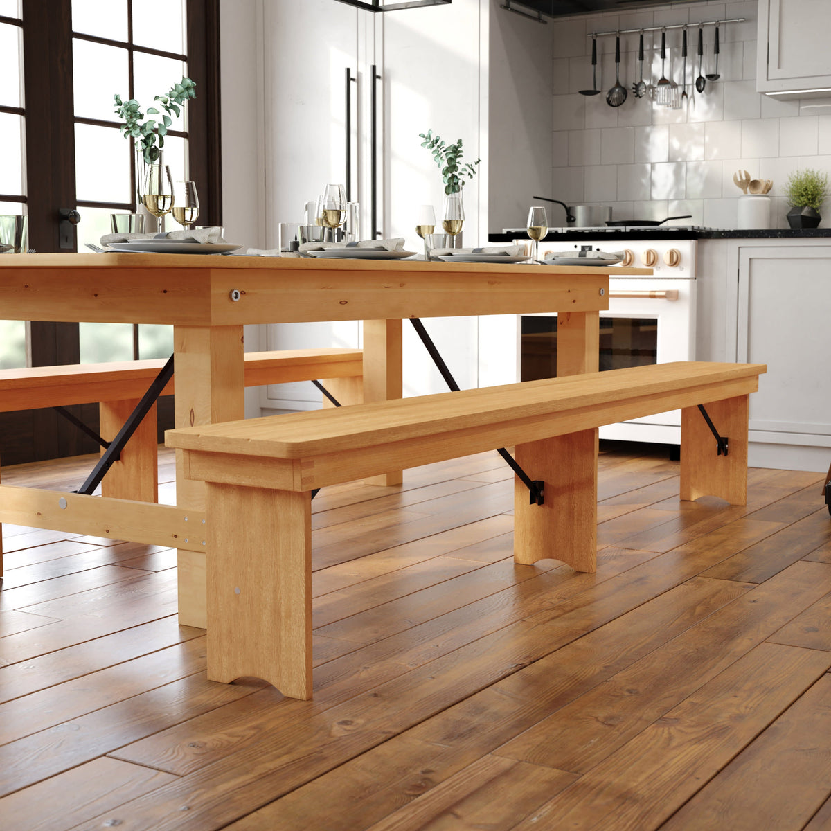 Flash Furniture XA-B-96X12-L-LN-GG 8' x 12" Solid Pine Folding Farm Bench with 3 Legs-Antique Rustic Light Natural - View 2