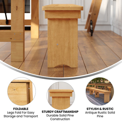 Flash Furniture XA-B-96X12-L-LN-GG 8' x 12" Solid Pine Folding Farm Bench with 3 Legs-Antique Rustic Light Natural - View 3