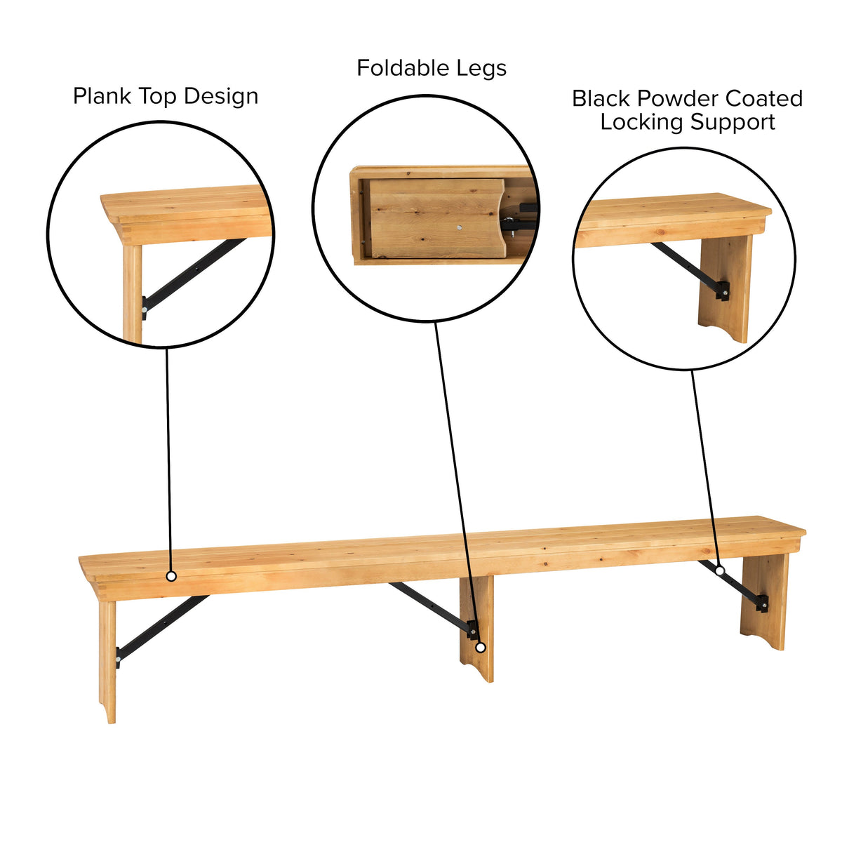 Flash Furniture XA-B-96X12-L-LN-GG 8' x 12" Solid Pine Folding Farm Bench with 3 Legs-Antique Rustic Light Natural - View 4