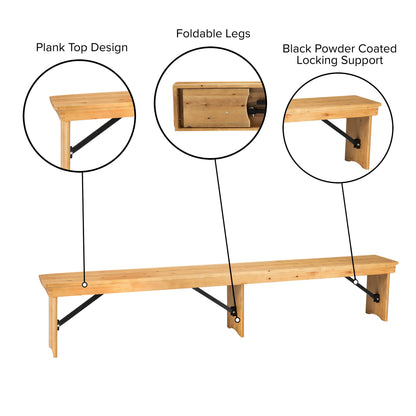 Flash Furniture XA-B-96X12-L-LN-GG 8' x 12" Solid Pine Folding Farm Bench with 3 Legs-Antique Rustic Light Natural - View 4