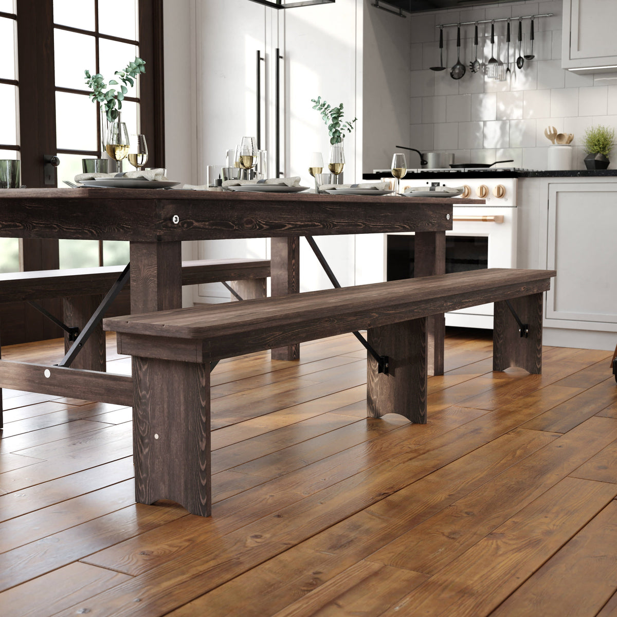 Flash Furniture XA-B-96X12-L-MG-GG 8' x 12" Solid Pine Folding Farm Bench with 3 Legs in Antique Rustic Mahogany - View 2