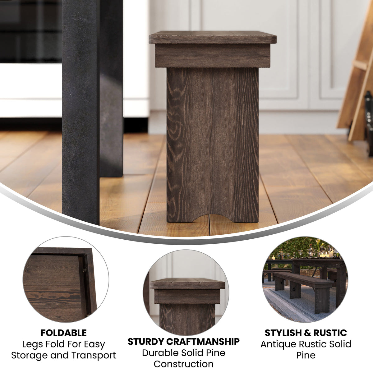 Flash Furniture XA-B-96X12-L-MG-GG 8' x 12" Solid Pine Folding Farm Bench with 3 Legs in Antique Rustic Mahogany - View 3