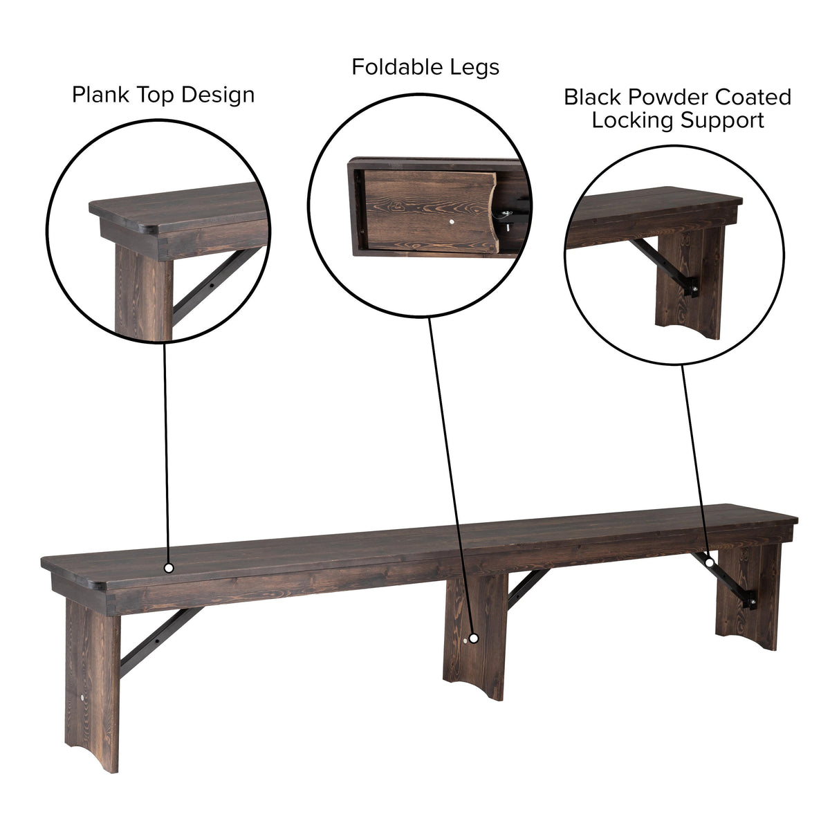 Flash Furniture XA-B-96X12-L-MG-GG 8' x 12" Solid Pine Folding Farm Bench with 3 Legs in Antique Rustic Mahogany - View 4