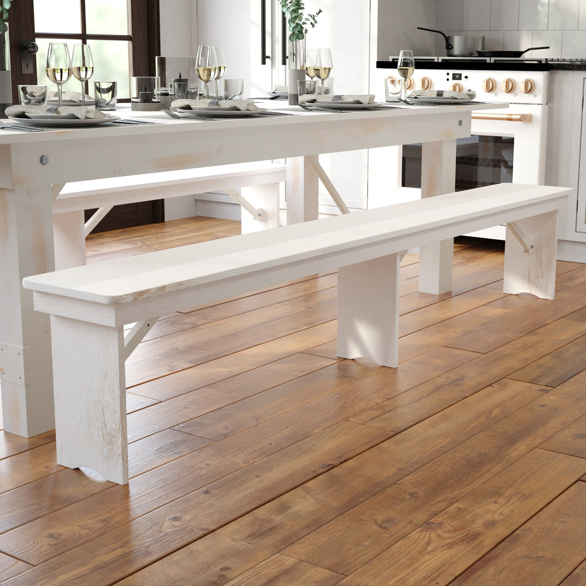 Flash Furniture XA-B-96X12-L-WH-GG 8' x 12" Antique Rustic White Solid Pine Folding Farm Bench - Portable Bench - View 2