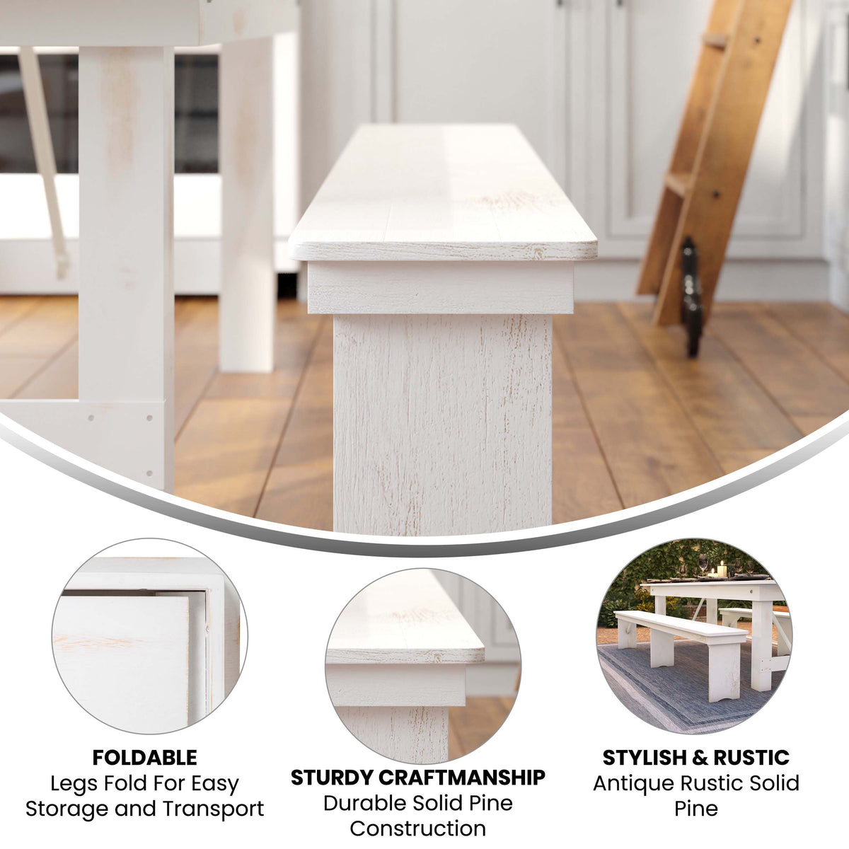 Flash Furniture XA-B-96X12-L-WH-GG 8' x 12" Antique Rustic White Solid Pine Folding Farm Bench - Portable Bench - View 3