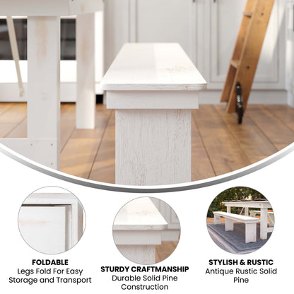 Flash Furniture XA-B-96X12-L-WH-GG 8' x 12" Antique Rustic White Solid Pine Folding Farm Bench - Portable Bench - View 3