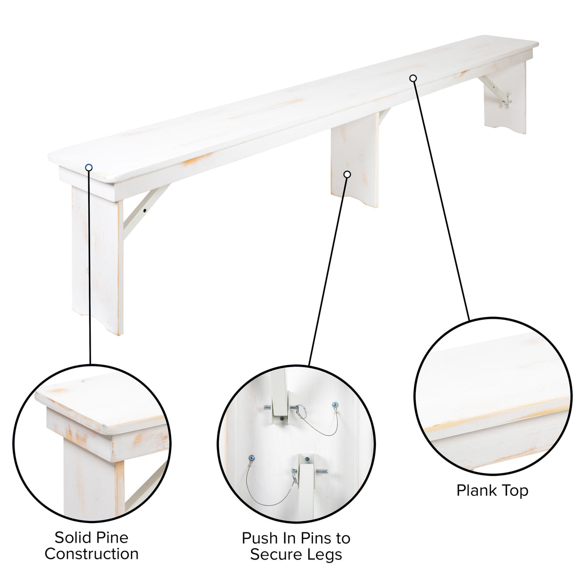 Flash Furniture XA-B-96X12-L-WH-GG 8' x 12" Antique Rustic White Solid Pine Folding Farm Bench - Portable Bench - View 4