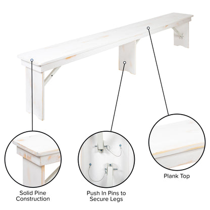 Flash Furniture XA-B-96X12-L-WH-GG 8' x 12" Antique Rustic White Solid Pine Folding Farm Bench - Portable Bench - View 4