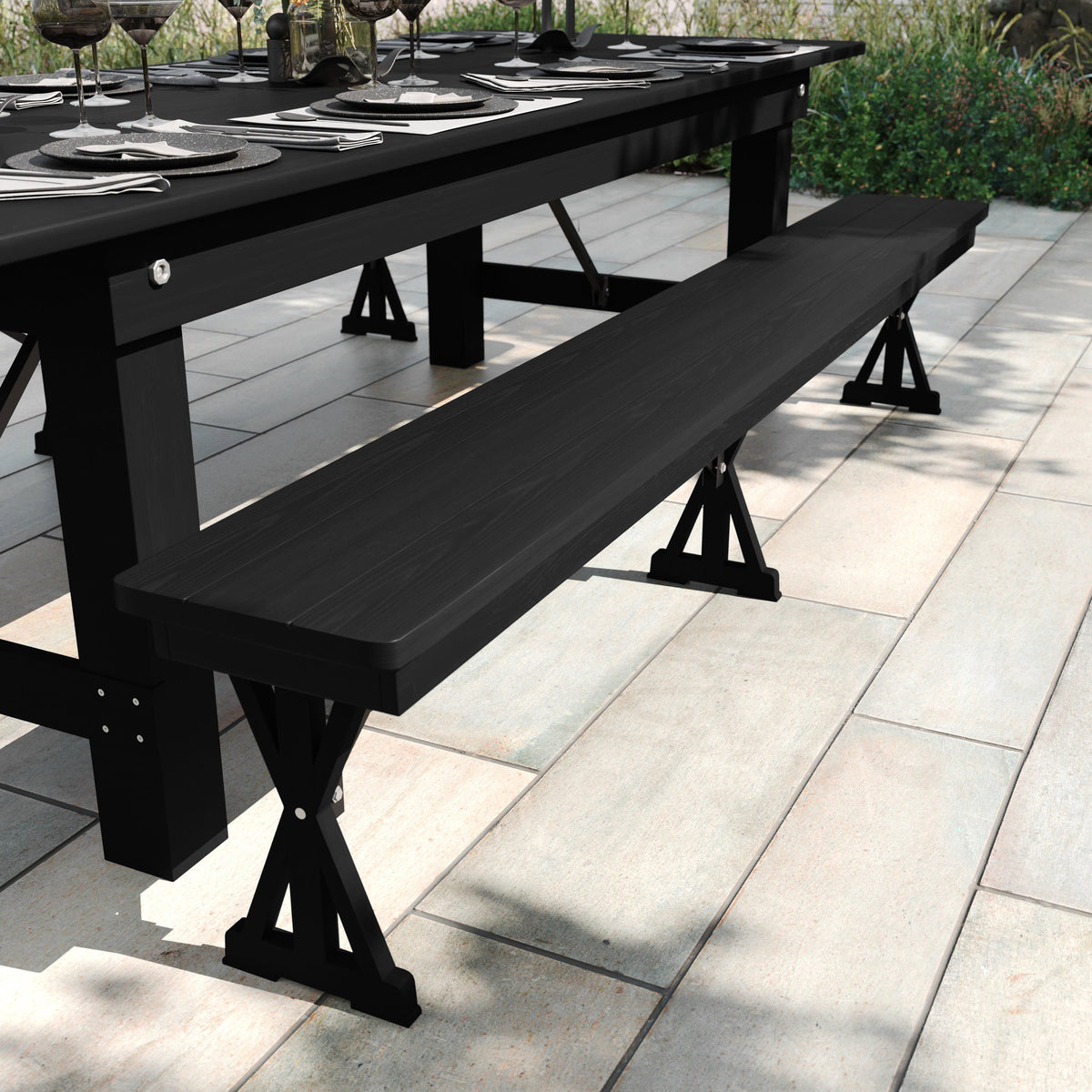 Flash Furniture XA-B-96X12-L-XLEGS-BW-GG 8' x 12" Antique Solid Pine Farmhouse Folding Bench in Black Wash - View 2