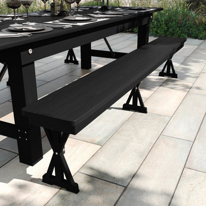 Flash Furniture XA-B-96X12-L-XLEGS-BW-GG 8' x 12" Antique Solid Pine Farmhouse Folding Bench in Black Wash - View 2