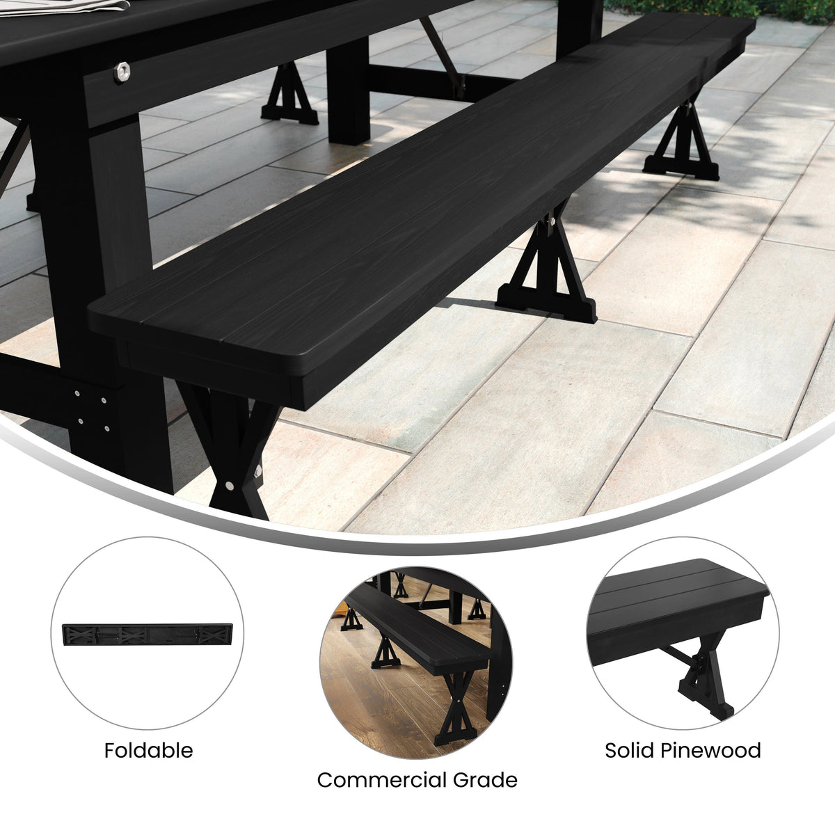 Flash Furniture XA-B-96X12-L-XLEGS-BW-GG 8' x 12" Antique Solid Pine Farmhouse Folding Bench in Black Wash - View 3