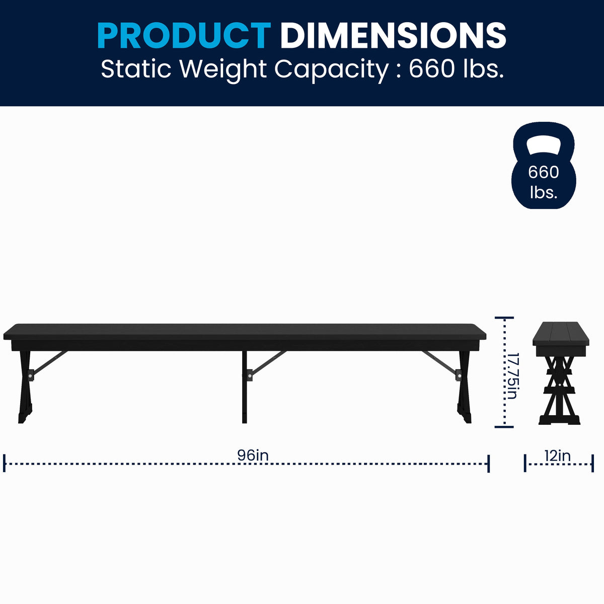 Flash Furniture XA-B-96X12-L-XLEGS-BW-GG 8' x 12" Antique Solid Pine Farmhouse Folding Bench in Black Wash - View 5