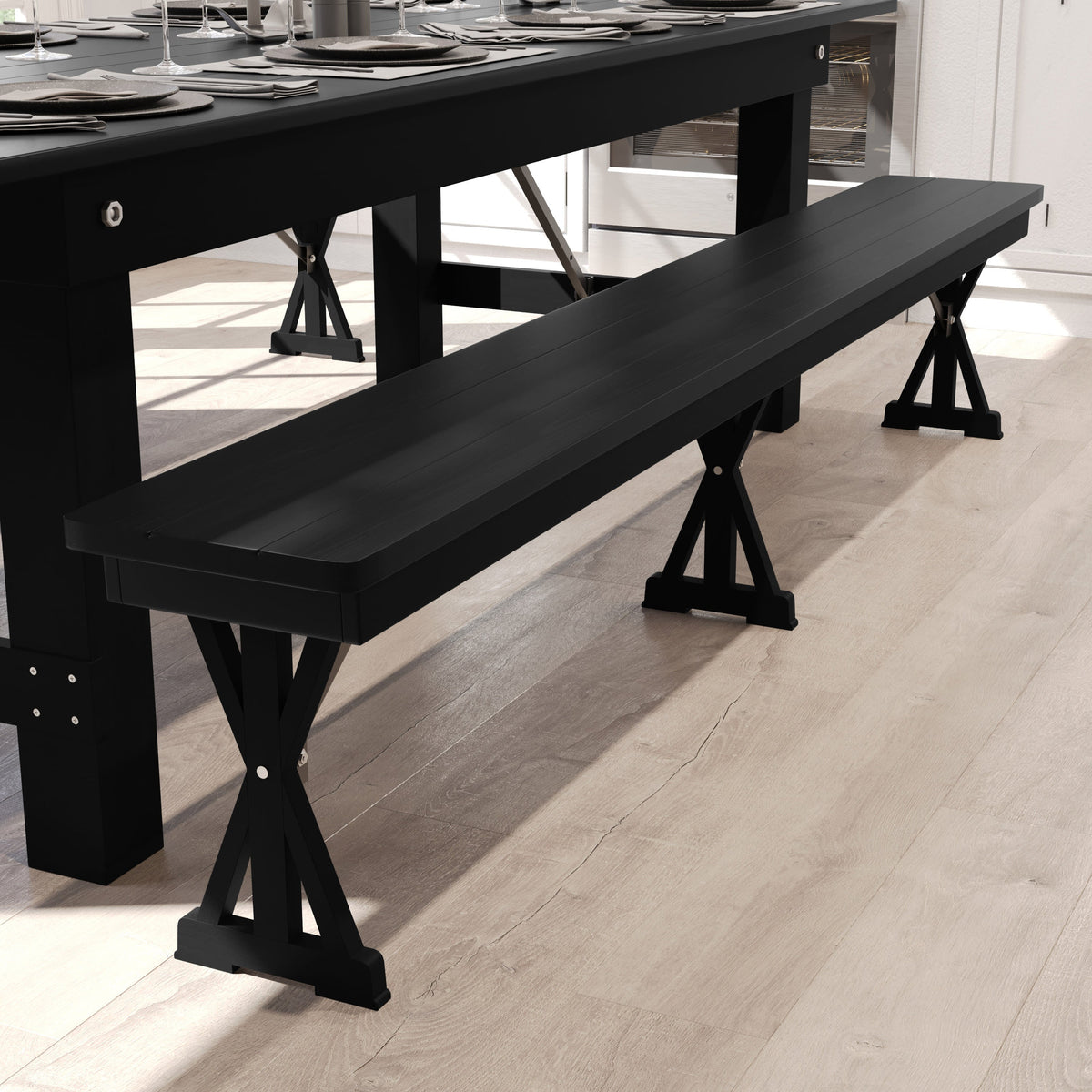 Flash Furniture XA-B-96X12-L-XLEGS-BW-GG 8' x 12" Antique Solid Pine Farmhouse Folding Bench in Black Wash - View 6