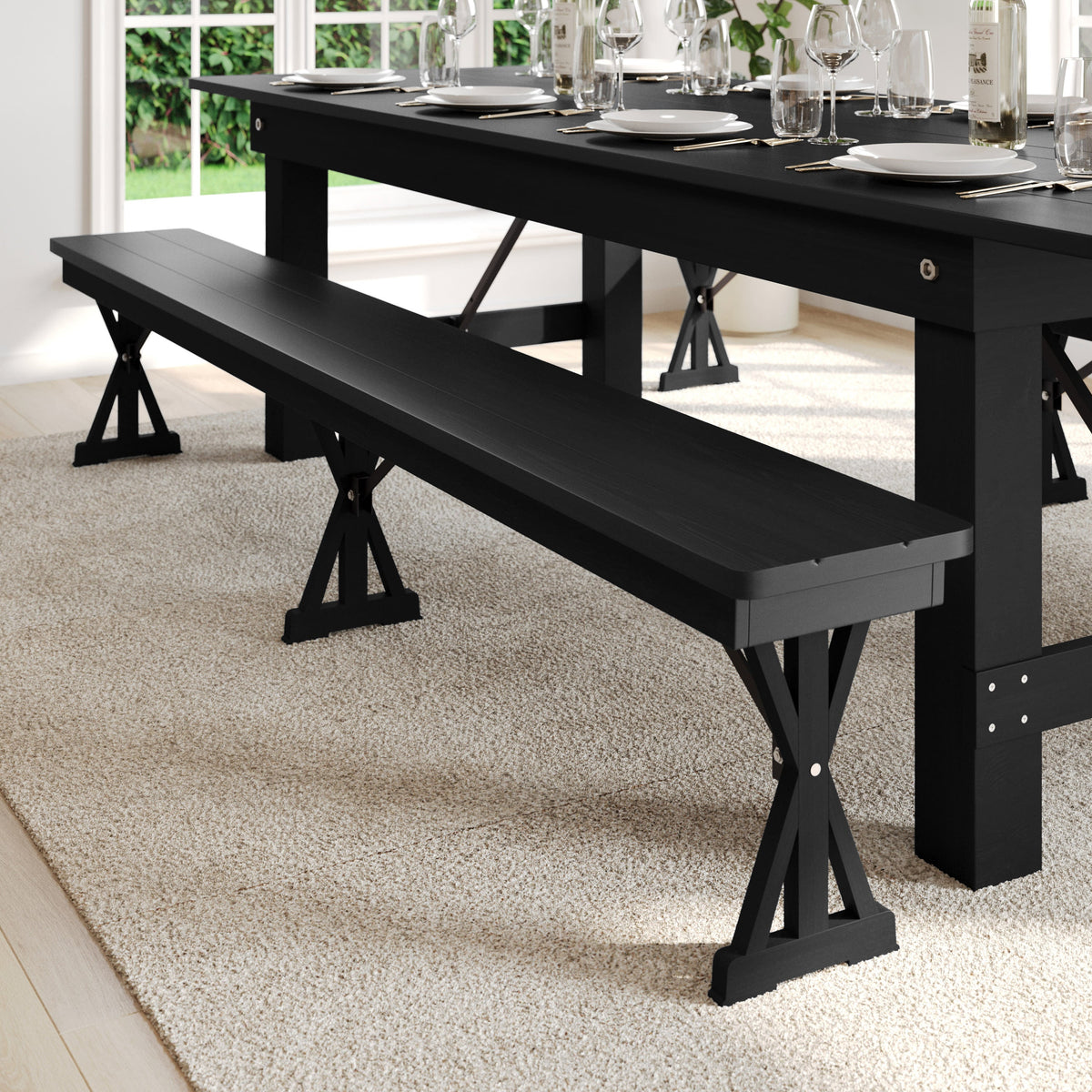 Flash Furniture XA-B-96X12-L-XLEGS-BW-GG 8' x 12" Antique Solid Pine Farmhouse Folding Bench in Black Wash - View 7