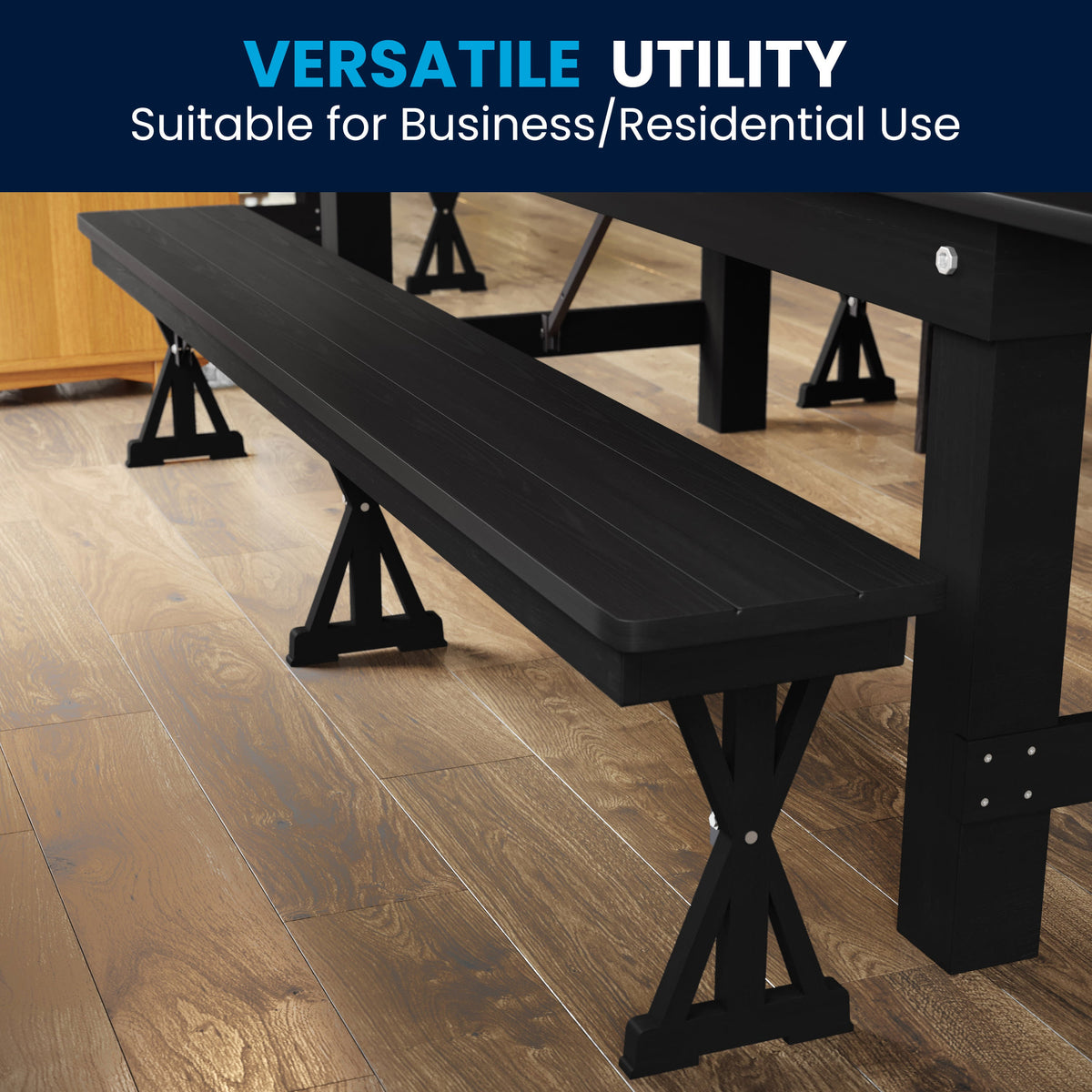 Flash Furniture XA-B-96X12-L-XLEGS-BW-GG 8' x 12" Antique Solid Pine Farmhouse Folding Bench in Black Wash - View 8