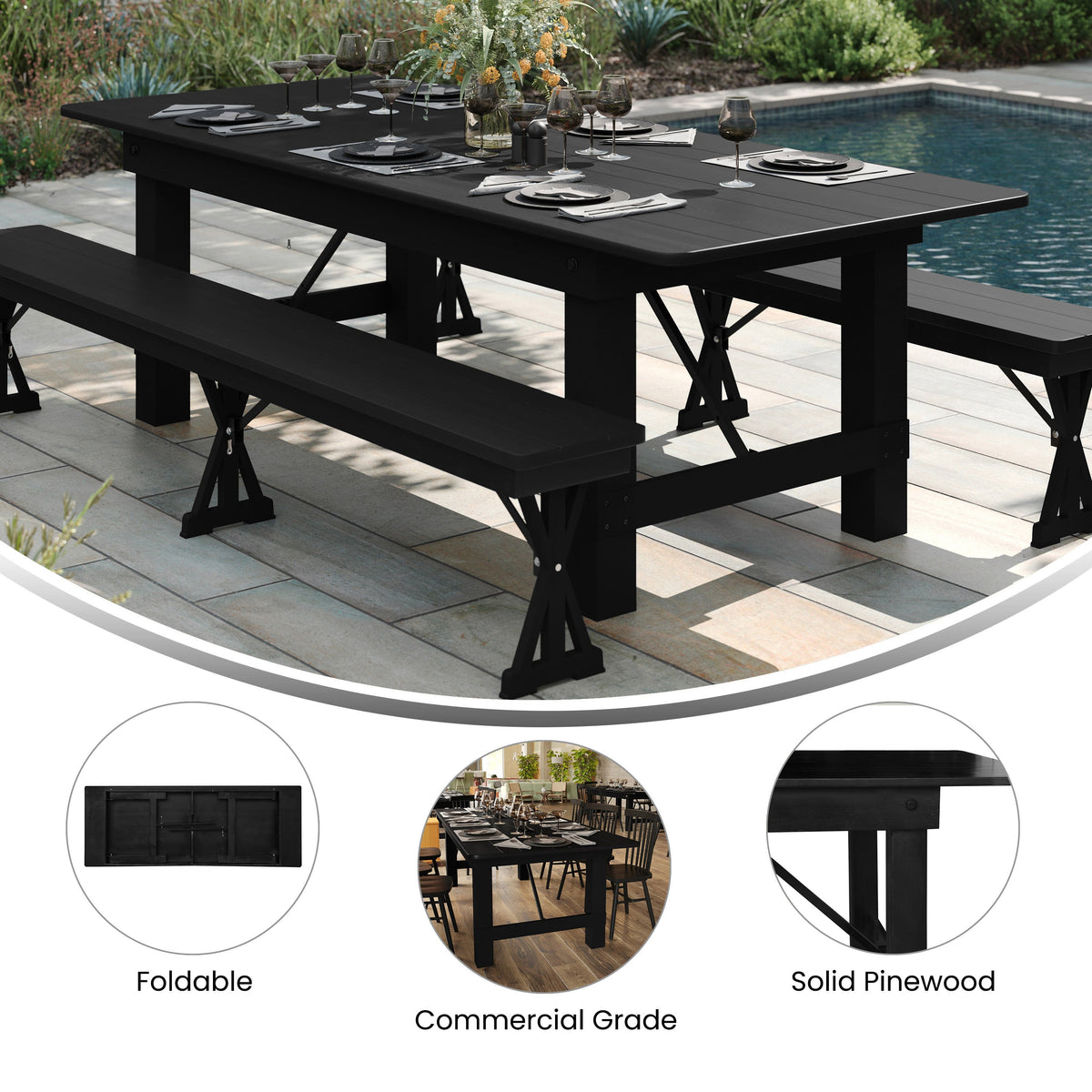 Flash Furniture XA-F-108X40-BW-GG 9' x 40" Rectangular Rustic Solid Pine Farmhouse Folding Table in Black Wash - View 2