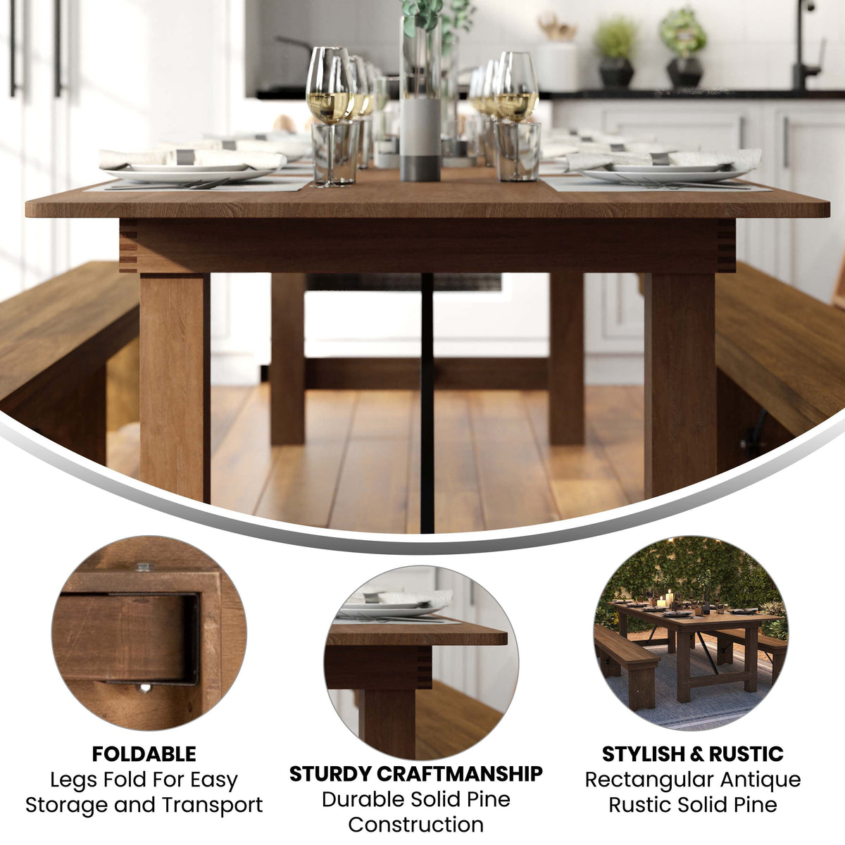 Flash Furniture XA-F-108X40-GG 9' x 40" Rectangular Antique Rustic Solid Pine Folding Farm Table - View 3