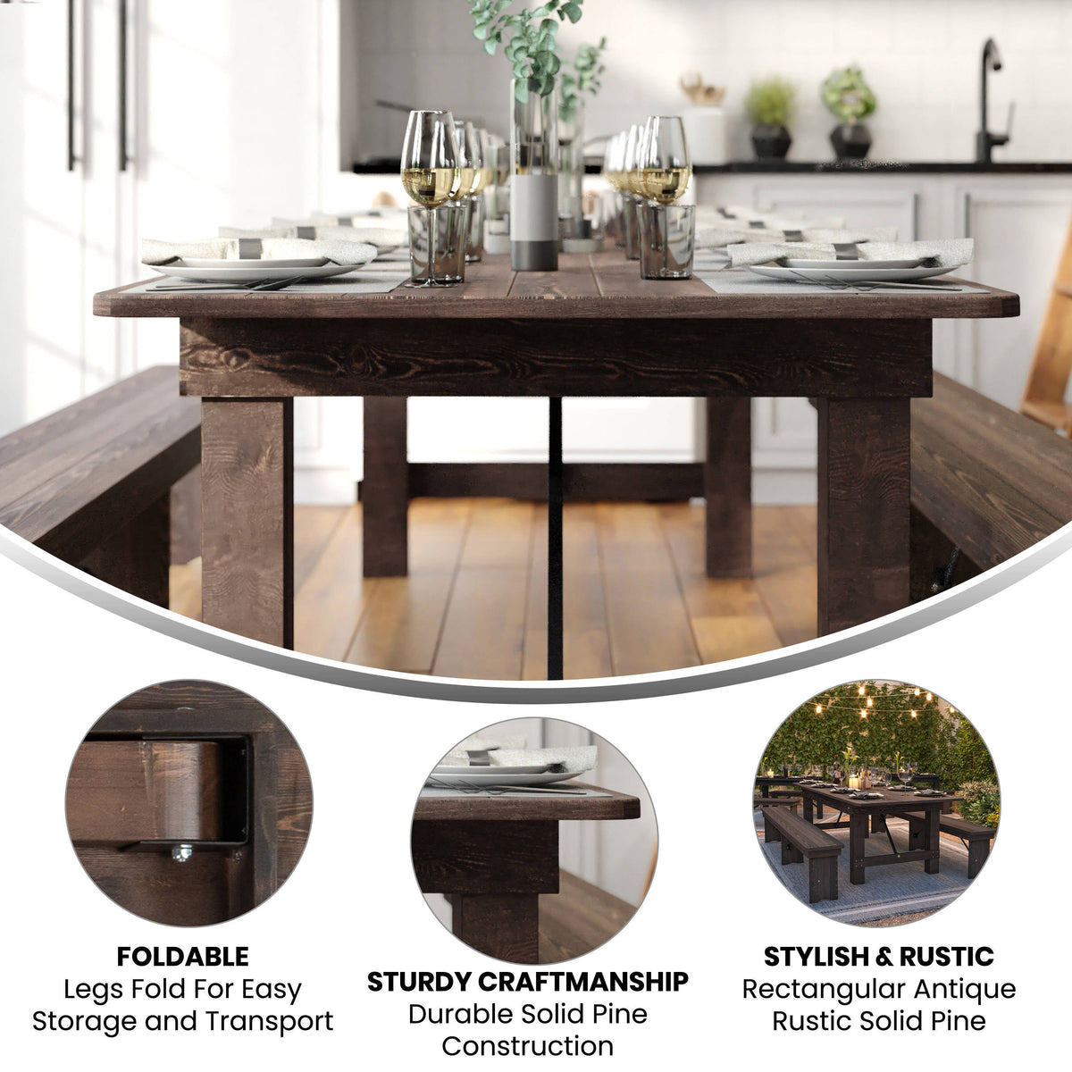 Flash Furniture XA-F-108X40-MG-GG 9' x 40" Rectangular Antique Rustic Mahogany Solid Pine Folding Farm Table - View 2