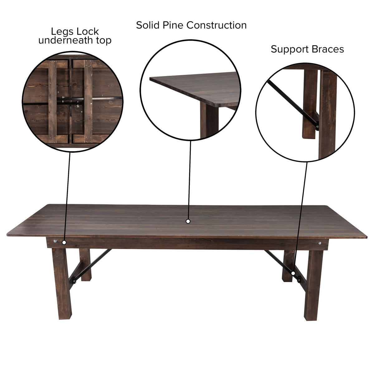 Flash Furniture XA-F-108X40-MG-GG 9' x 40" Rectangular Antique Rustic Mahogany Solid Pine Folding Farm Table - View 3