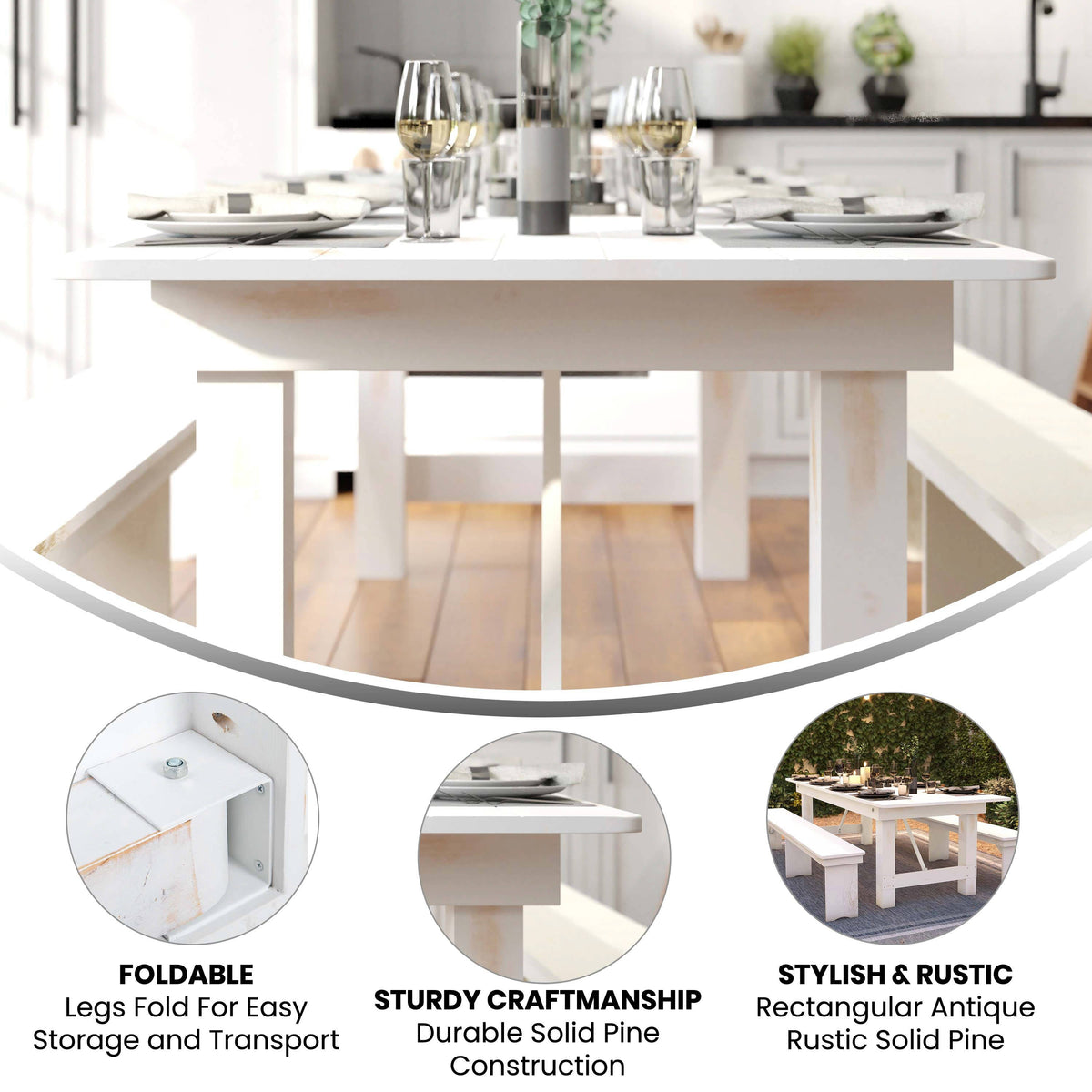 Flash Furniture XA-F-108X40-WH-GG 9' x 40" Rectangular Antique Rustic White Solid Pine Folding Farm Table - View 2