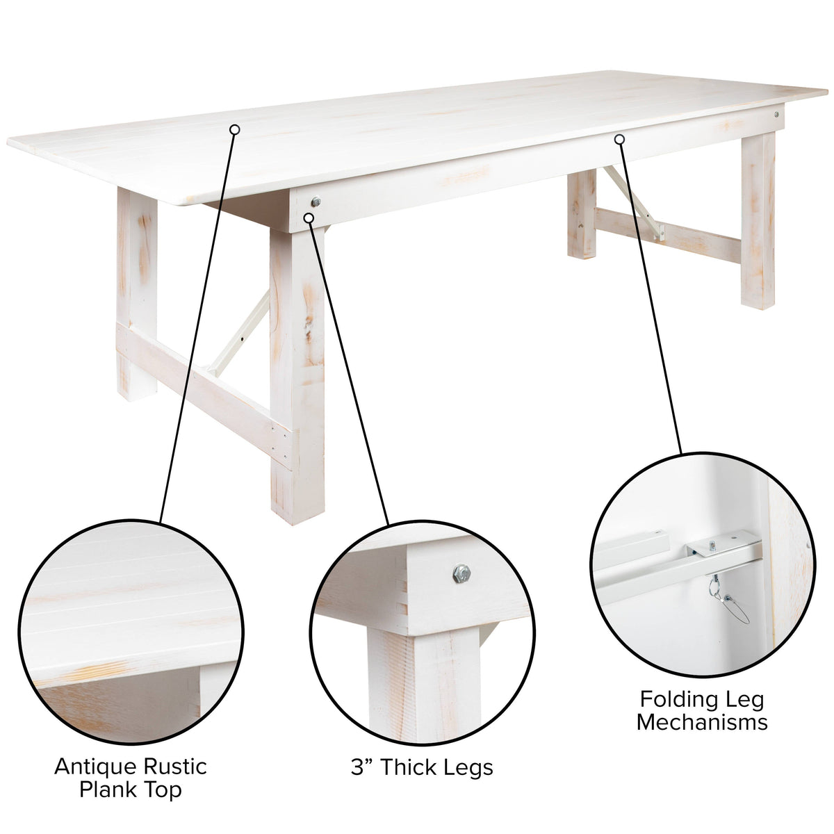 Flash Furniture XA-F-108X40-WH-GG 9' x 40" Rectangular Antique Rustic White Solid Pine Folding Farm Table - View 3