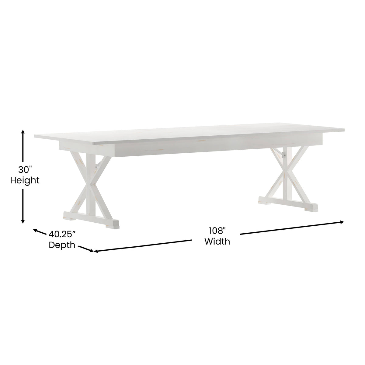 Flash Furniture XA-F-108X40-XLEGS-WH-GG Solid Pine Farm Dining Table with X-Style Legs in Antique Rustic White-9' x 40" - View 3